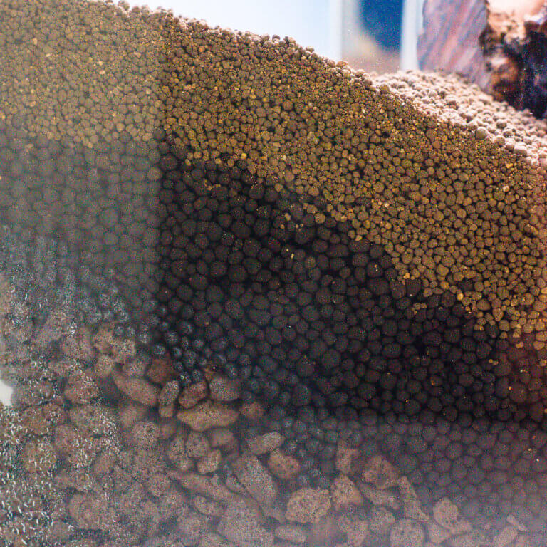 Seitenansicht eines Aquascape-Bodengrundaufbaus mit Lava-Granulat als Unterbau, Soil und feinem Soil-Powder im Querschnitt.
