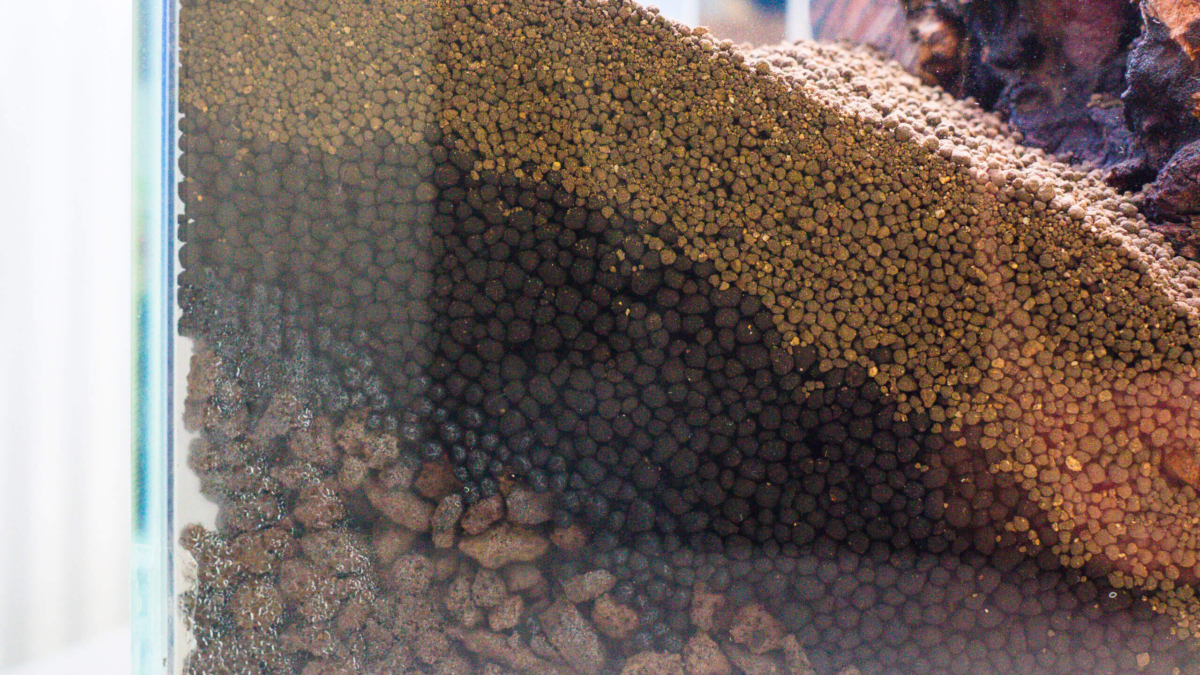 Seitenansicht eines Aquascape-Bodengrundaufbaus mit Lava-Granulat als Unterbau, Soil und feinem Soil-Powder im Querschnitt.