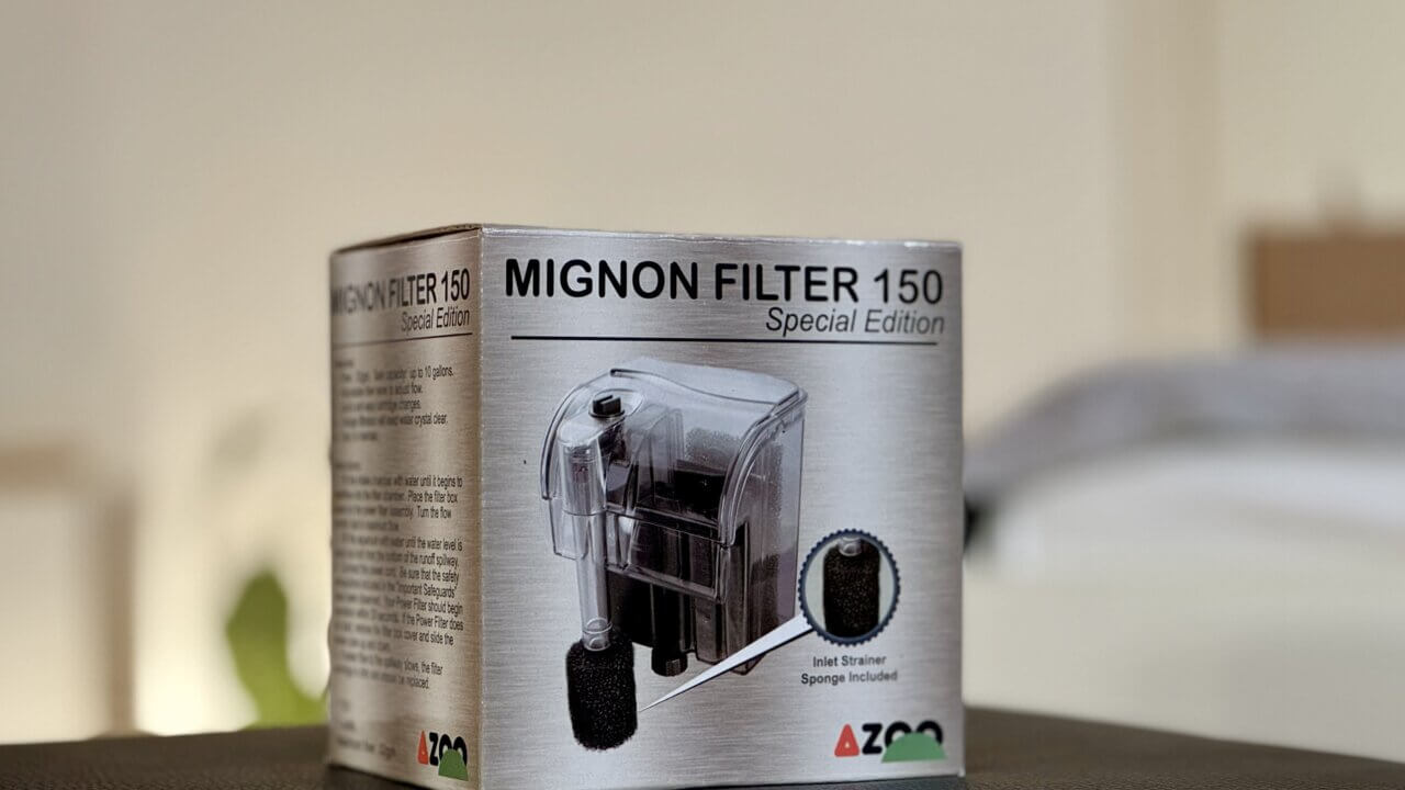 Garnelensicherer Aquarienfilter - Mignon Innenfilter in der Verpackung mit Schwammvorfilter