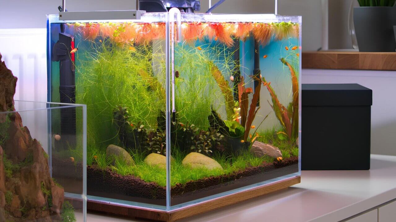Bepflanztes Mini M Aquascape mit roten Schwimmpflanzen