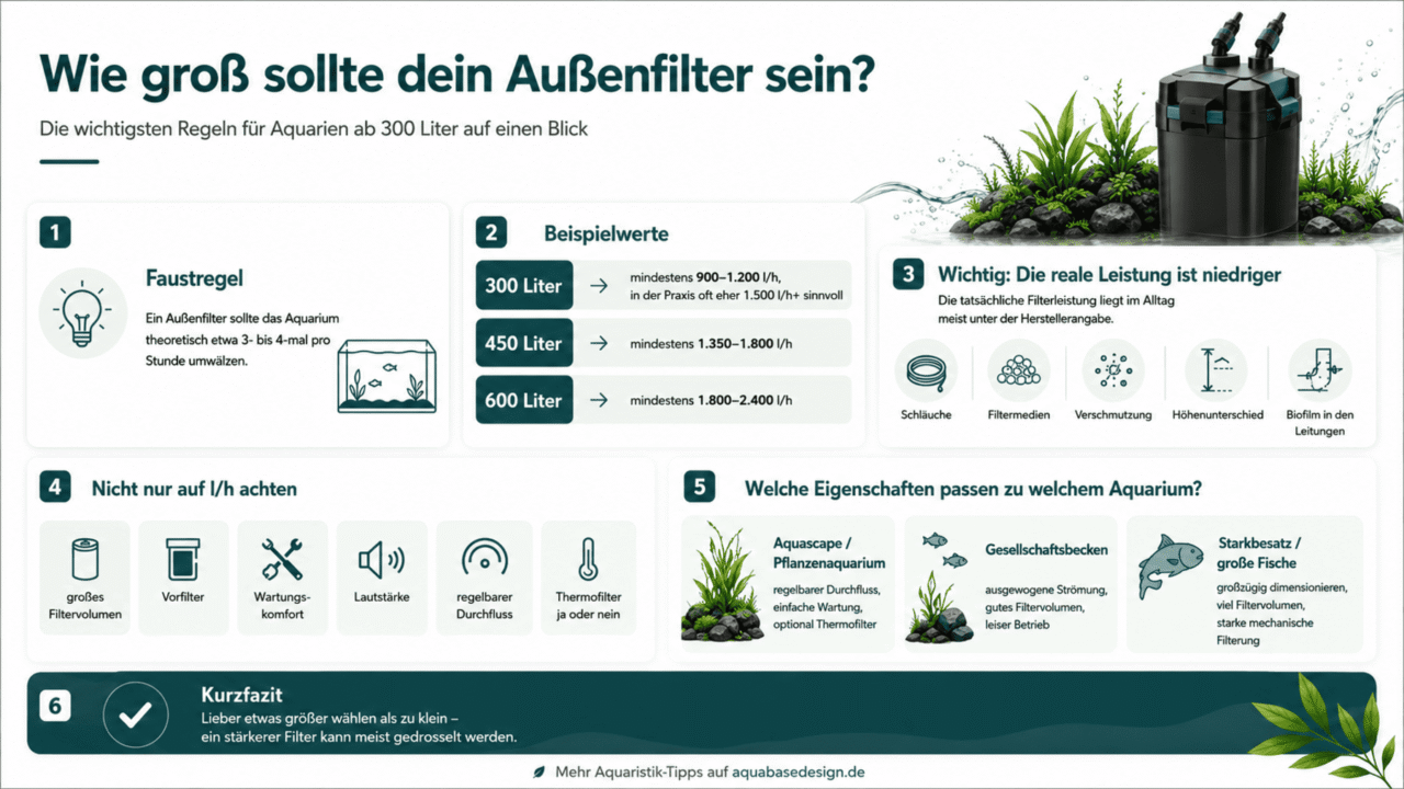 Infografik zur passenden Außenfilter-Größe für Aquarien ab 300 Liter mit Faustregeln zu Pumpenleistung, Filtervolumen und Aquarientyp