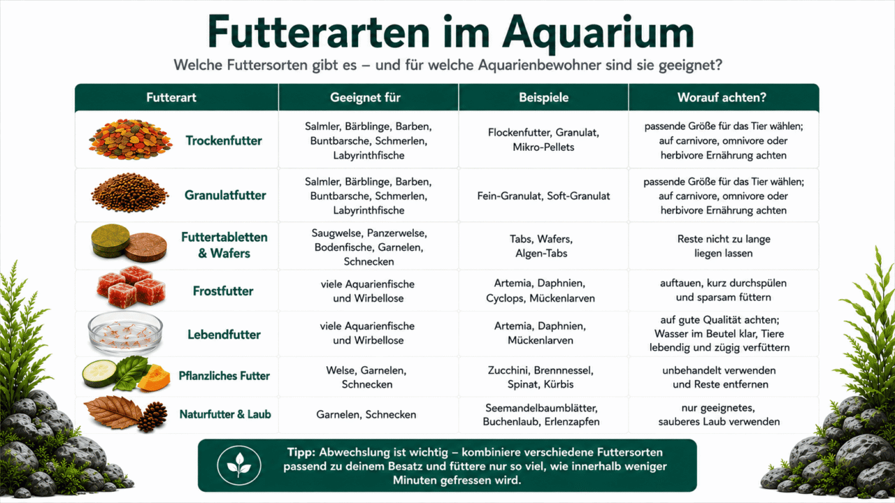 Übersicht der wichtigsten Futterarten im Aquarium – von Trockenfutter über Frost- und Lebendfutter bis zu pflanzlichem Futter und Laub.