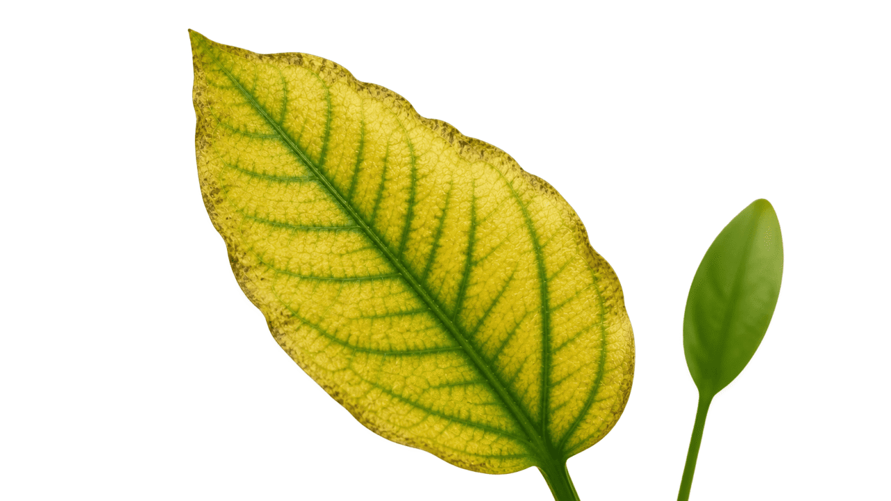 Blatt einer Aquariumpflanze mit Magnesiummangel, erkennbar an gelber Chlorose zwischen grünen Blattadern