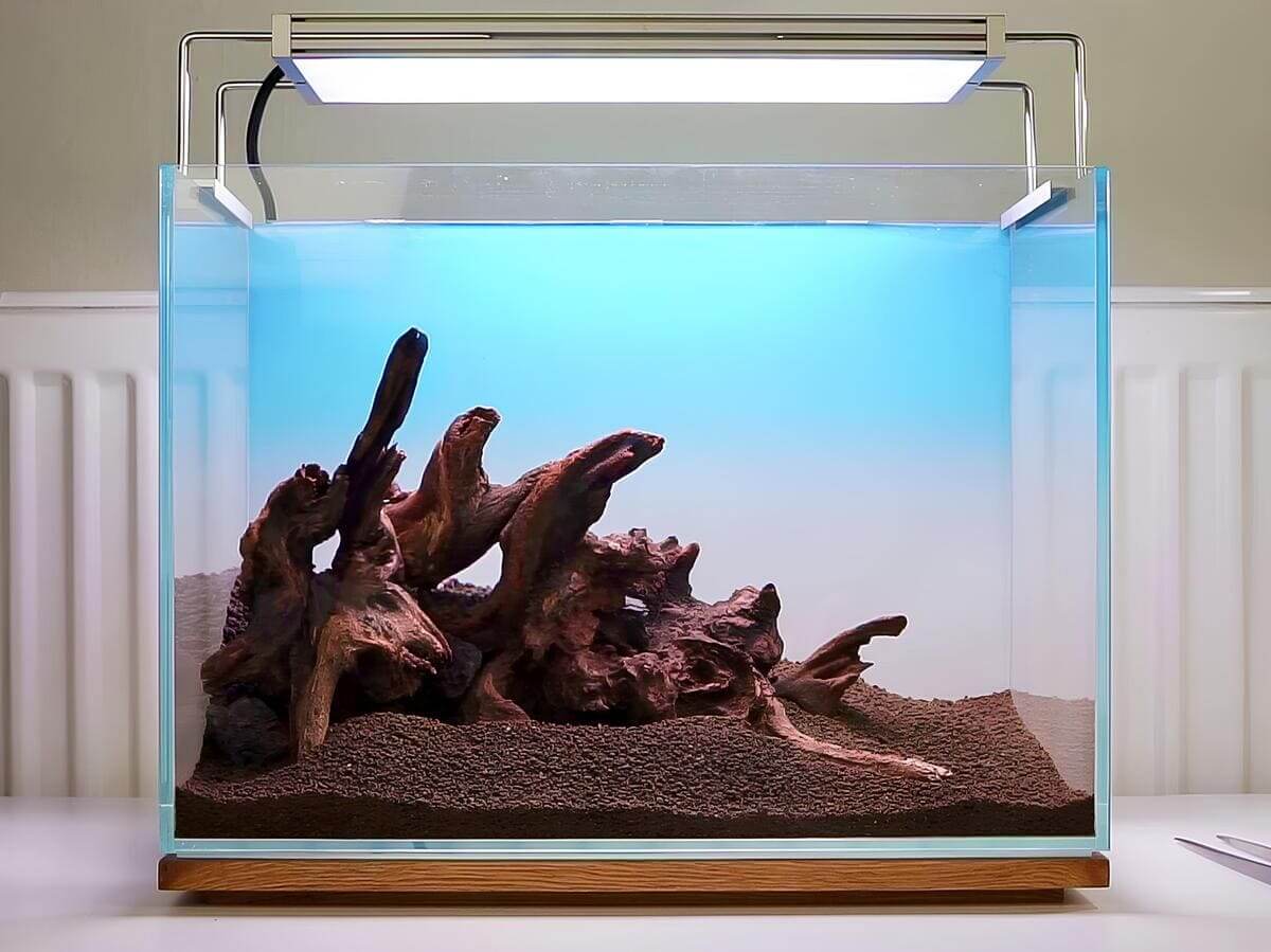 Nano Aquascaping Layout mit Wurzelholz und dunklen Lavasteinen auf braunem Soil vor einem hellblau beleuchteten Hintergrund.