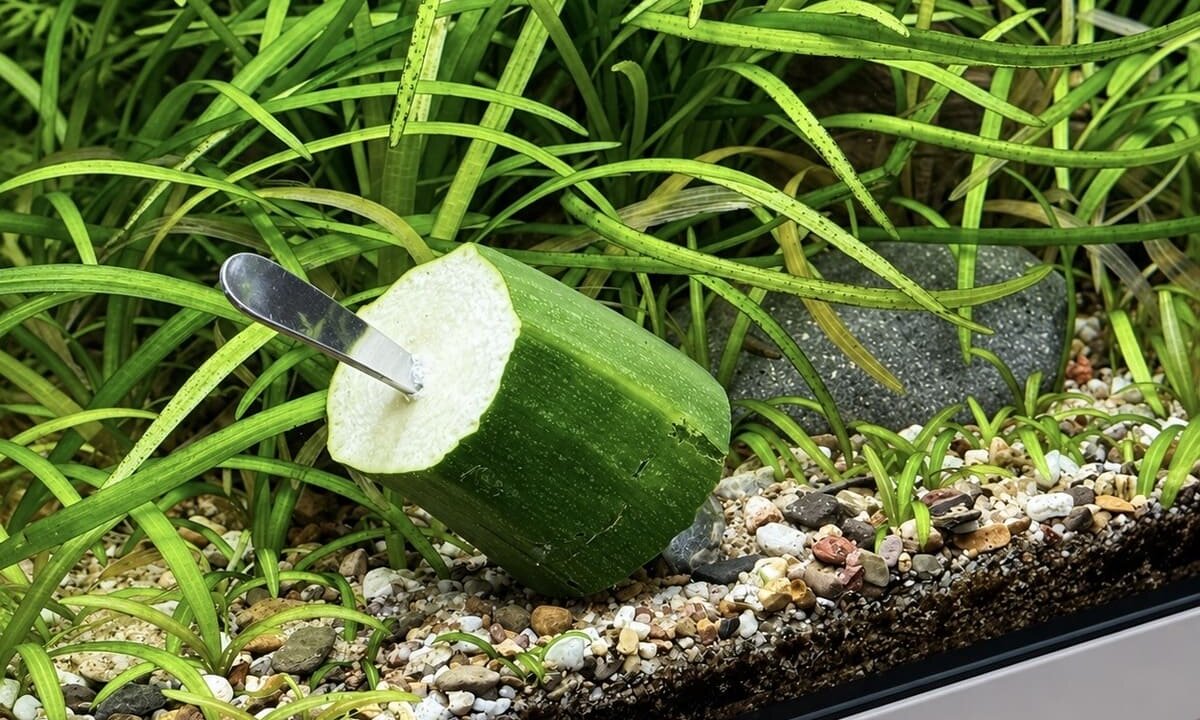 Zucchini als Zusatzfutter für einen Antennenwels im Aquarium