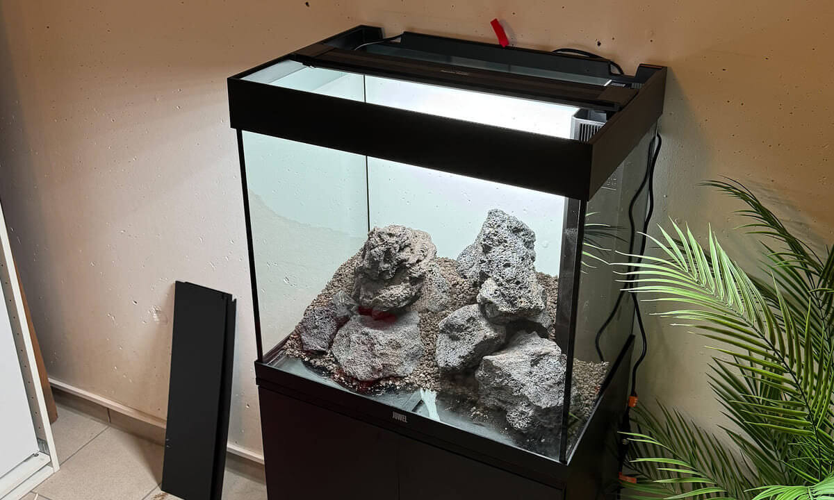 Aquarium während der Neueinrichtung mit Bodengrund und Steinaufbau
