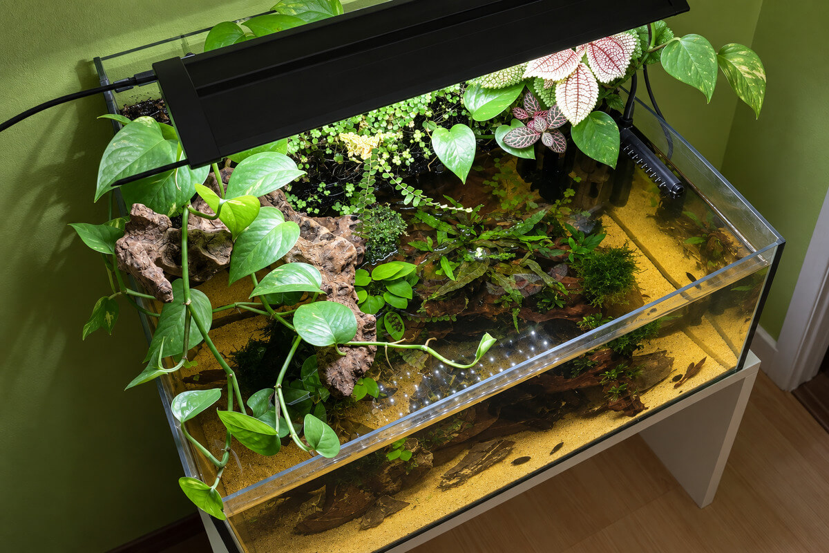 Bepflanztes Paludarium von oben mit Wasserbereich, Wurzeln, Laub und tropischen Pflanzen
