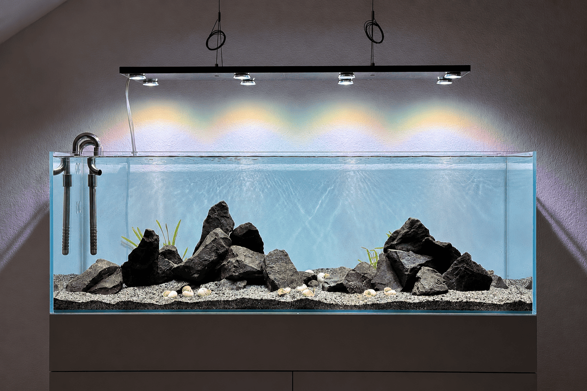 Frisch eingerichtetes Tanganjika-Aquarium mit zwei dunklen Steinaufbauten, Schneckenhäusern und wenigen Vallisnerien.